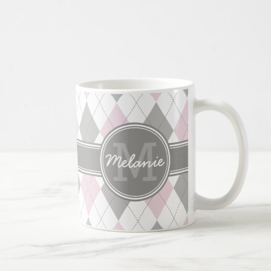 Monogrammed Pink and Grey Argyle Pattern Koffiemok (Rechts)