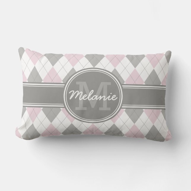 Monogrammed Pink and Grey Argyle Pattern Kussen (Voorkant)