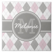 Monogrammed Pink and Grey Argyle Pattern Tegeltje (Voorkant)