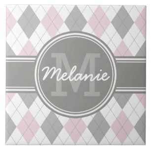 Monogrammed Pink and Grey Argyle Pattern Tegeltje