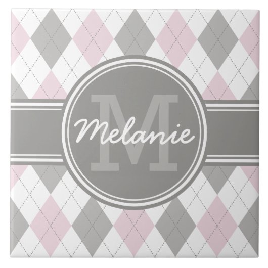 Monogrammed Pink and Grey Argyle Pattern Tegeltje (Voorkant)