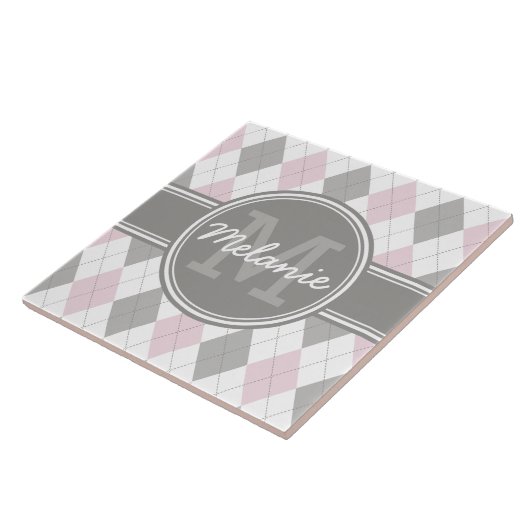 Monogrammed Pink and Grey Argyle Pattern Tegeltje (Zijkant)