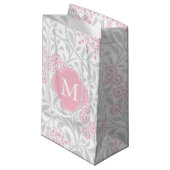 Monogrammed Pink and Grey Floral Damask Pattern Klein Cadeauzakje (Voorkant Gekanteld)