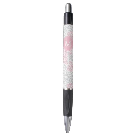 Monogrammed Pink and Grey Floral Damask Pen (Voorkant Verticaal)