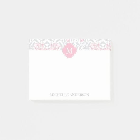 Monogrammed Pink and Grey Floral Damask Post-it® Notes (Voorkant)