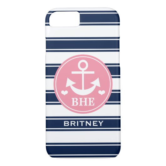Monogrammed Pink and Navy Anchor Case-Mate iPhone Case (Achterkant)