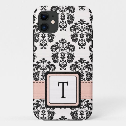 Monogrammed Pink Black Damask Case-Mate iPhone Case (Achterkant)