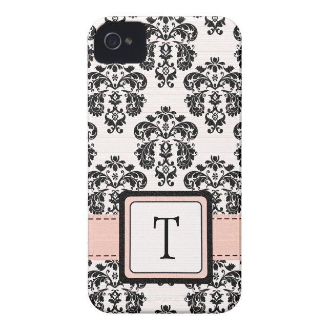 Monogrammed Pink Black Damask iPhone 4 Case Hoesje (Achterkant)
