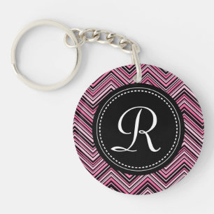 Monogrammed Pink Black Tribal Chevron Pattern Sleutelhanger