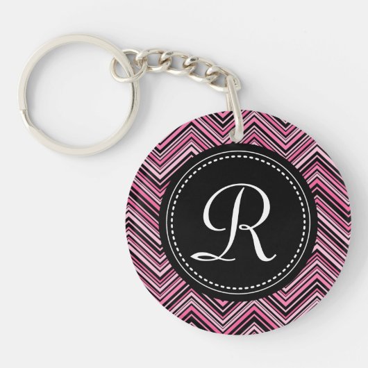 Monogrammed Pink Black Tribal Chevron Pattern Sleutelhanger (Voorkant)