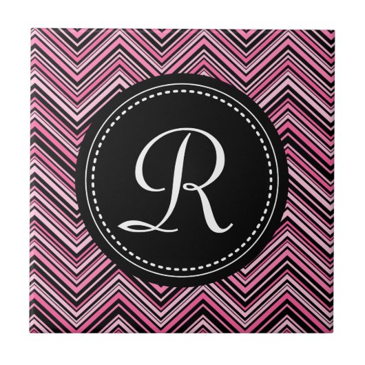 Monogrammed Pink Black Tribal Chevron Pattern Tegeltje (Voorkant)