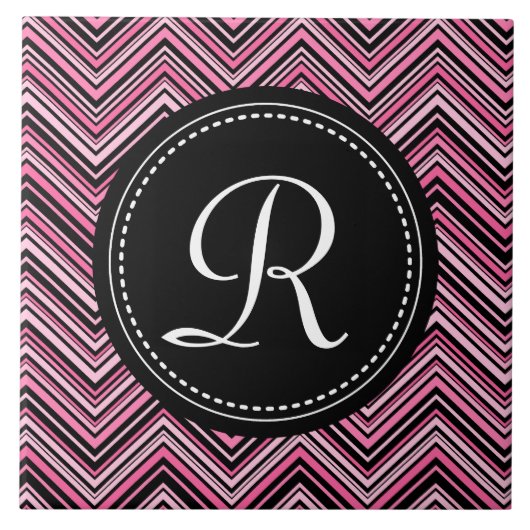 Monogrammed Pink Black Tribal Chevron Pattern Tegeltje (Voorkant)