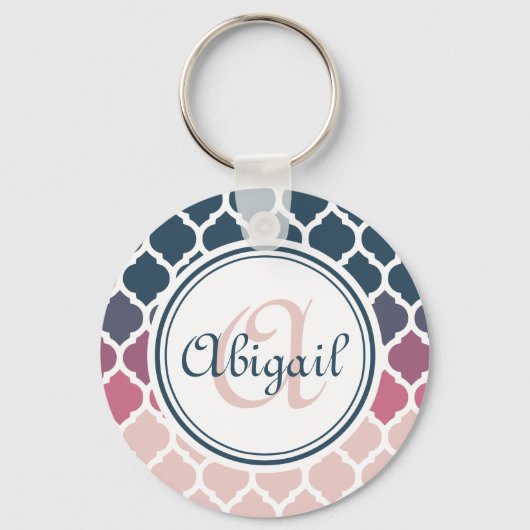 Monogrammed Pink Blue Moroccan Lattice Pattern Sleutelhanger (Voorkant)