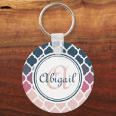 Monogrammed Pink Blue Moroccan Lattice Pattern Sleutelhanger (Voorkant)