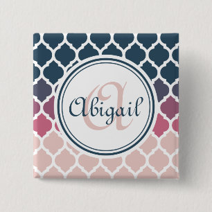 Monogrammed Pink Blue Moroccan Lattice Pattern Vierkante Button 5,1 Cm