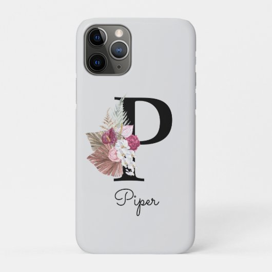 Monogrammed Pink Boho Floral Initiaal P Case-Mate iPhone Case (Achterkant)
