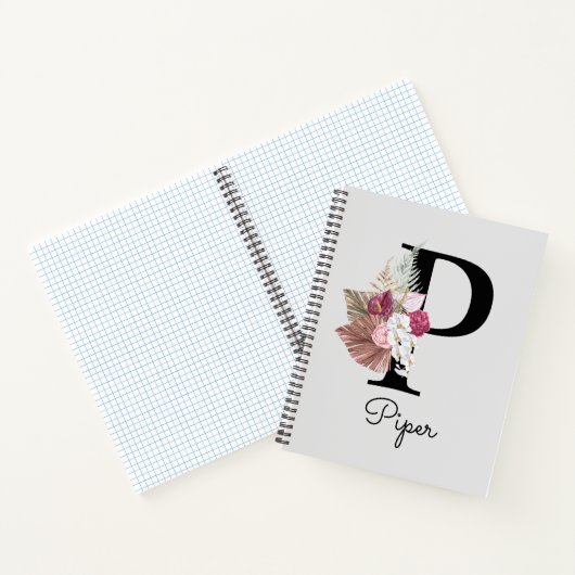 Monogrammed Pink Boho Floral Initiaal P Notitieboek (Binnen)