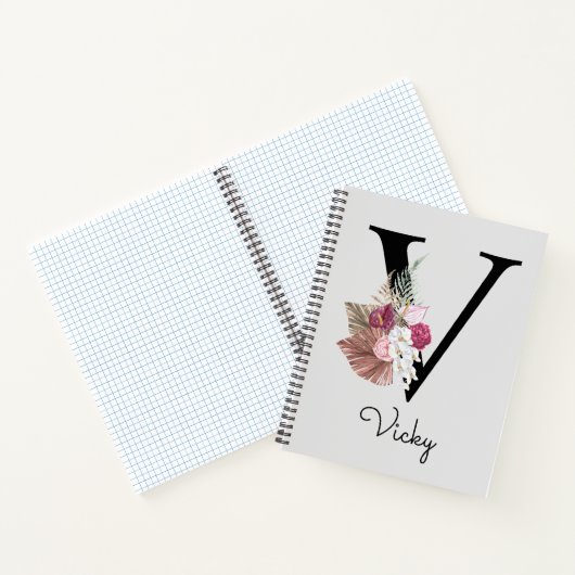 Monogrammed Pink Boho Floral Initiaal V Notitieboek (Binnen)