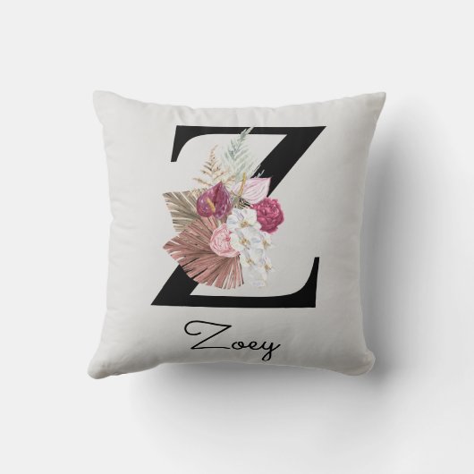 Monogrammed Pink Boho Floral Initiaal Z Kussen (Achterkant)