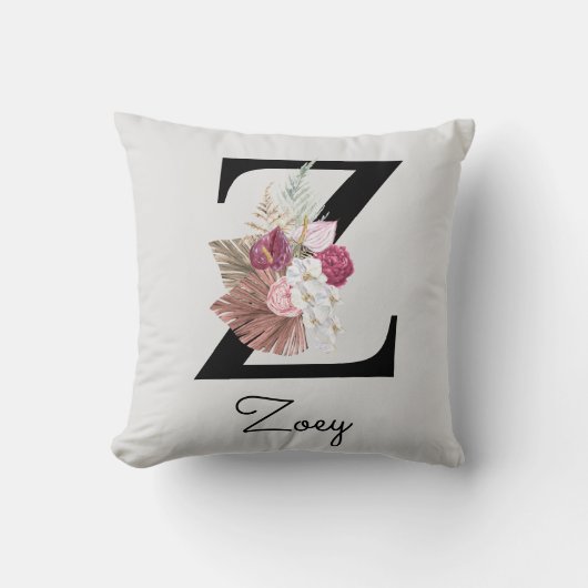Monogrammed Pink Boho Floral Initiaal Z Kussen (Voorkant)