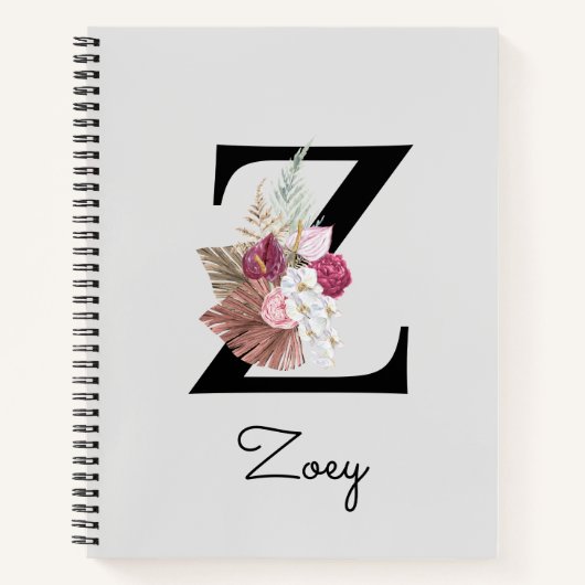 Monogrammed Pink Boho Floral Initiaal Z Notitieboek (Voorkant)