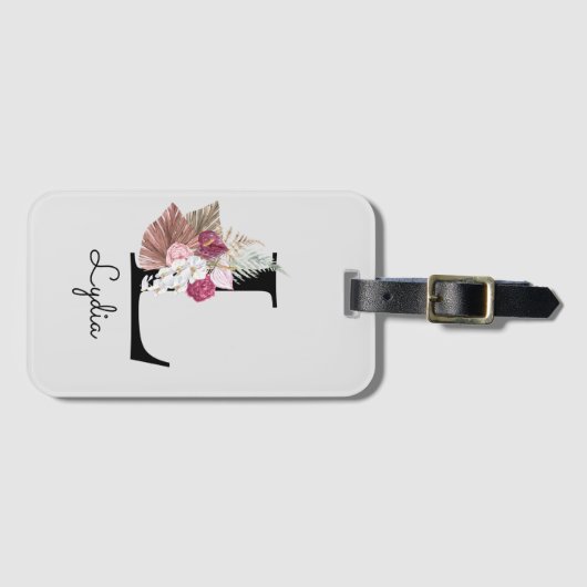 Monogrammed Pink Boho Girly Floral Initiaal L Bagagelabel (Voorkant (horizontaal))