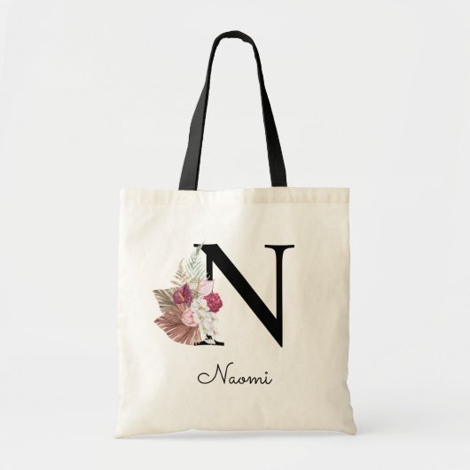 Monogrammed Pink Boho Girly Floral Initiaal N Tote Bag (Voorkant)