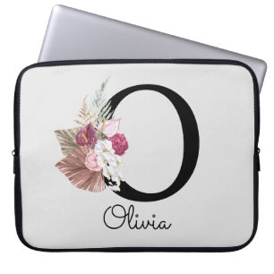 Monogrammed Pink Boho Girly Floral Initiaal O Laptop Sleeve