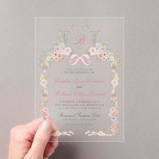 Monogrammed Pink Bows and Wildflowers Wedding Acryl Uitnodigingen (Insitu (Draagbaar))