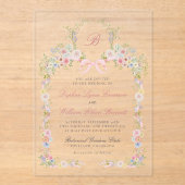 Monogrammed Pink Bows and Wildflowers Wedding Acryl Uitnodigingen (Voorkant)