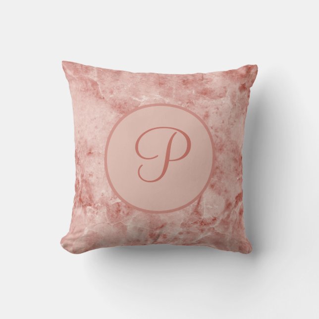 Monogrammed Pink Coral and White Marble Kussen (Voorkant)