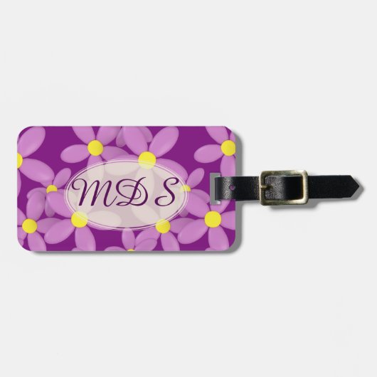 Monogrammed Pink Daisy Floral Bagagelabel (Voorkant horizontaal)