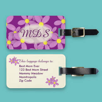 Monogrammed Pink Daisy Floral Bagagelabel