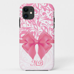 Monogrammed Pink Damask en Roze Ribbon iPhone 11 Hoesje