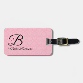 Monogrammed Pink Damask voor reizigers Bagagelabel