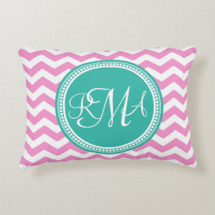 Monogrammed Pink en Blauwgroen Chevron Custom Accent Kussen