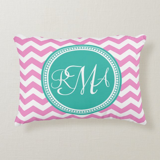 Monogrammed Pink en Blauwgroen Chevron Custom Accent Kussen (Voorkant)