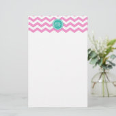 Monogrammed Pink en Blauwgroen Chevron Custom Briefpapier (Staand voorkant)
