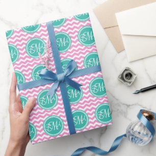 Monogrammed Pink en Blauwgroen Chevron Custom Cadeaupapier