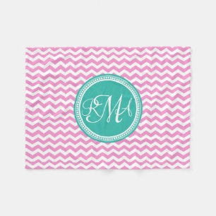 Monogrammed Pink en Blauwgroen Chevron Custom Fleece Deken