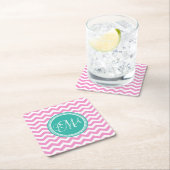 Monogrammed Pink en Blauwgroen Chevron Custom Kartonnen Onderzetters (Insitu)
