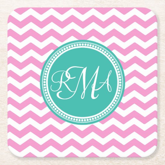 Monogrammed Pink en Blauwgroen Chevron Custom Kartonnen Onderzetters (Voorkant)