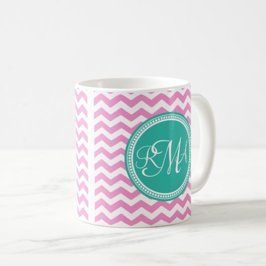 Monogrammed Pink en Blauwgroen Chevron Custom Koffiemok (Voorkant rechts)