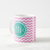 Monogrammed Pink en Blauwgroen Chevron Custom Koffiemok (Voorkant links)