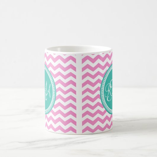 Monogrammed Pink en Blauwgroen Chevron Custom Koffiemok (Center)