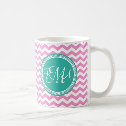 Monogrammed Pink en Blauwgroen Chevron Custom Koffiemok (Rechts)