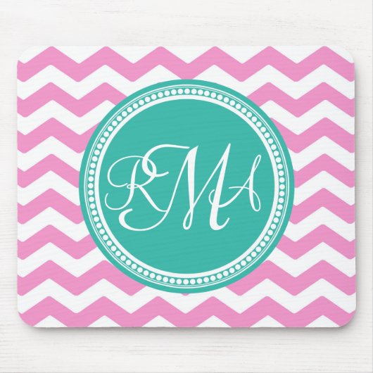 Monogrammed Pink en Blauwgroen Chevron Custom Muismat (Voorkant)