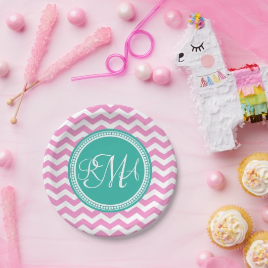 Monogrammed Pink en Blauwgroen Chevron Custom Papieren Bordje (Feest)