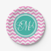 Monogrammed Pink en Blauwgroen Chevron Custom Papieren Bordje (Voorkant)
