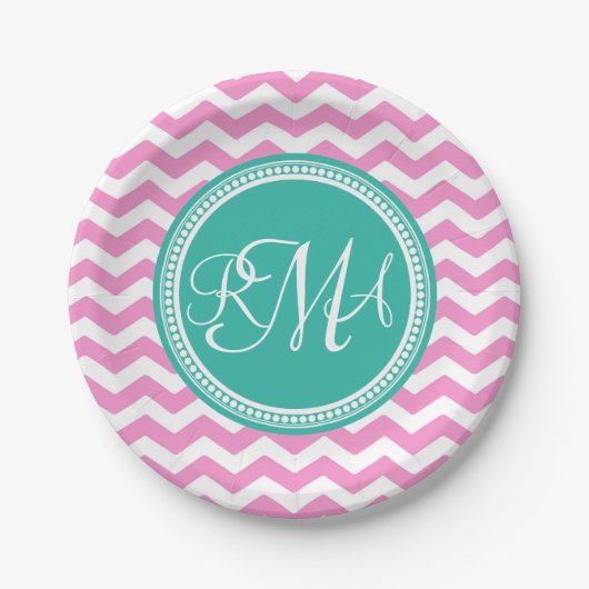 Monogrammed Pink en Blauwgroen Chevron Custom Papieren Bordje (Voorkant)